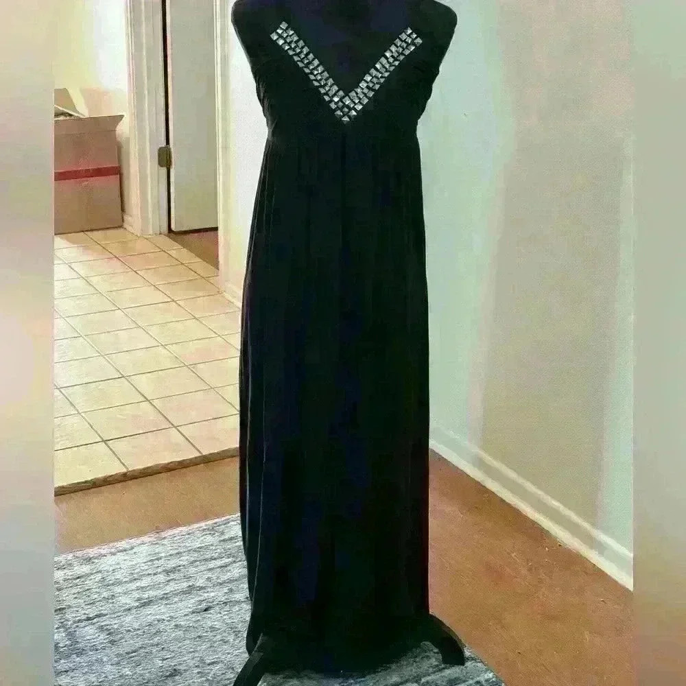 INC Black Studded V-Neck Spaghetti Strap Dress